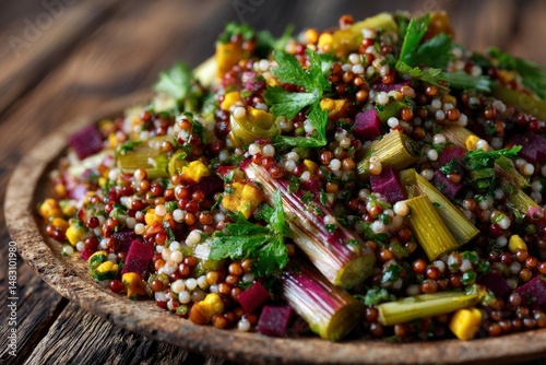 A vibrant and colorful couscous salad, featuring roasted beets, herbs, and other vegetables.  A healthy and delicious meal.