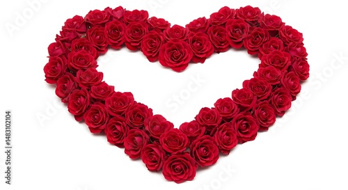 Red roses delicately form a loving heart shape against a bright white background.. AI Generated