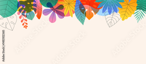 Tropical leaves frame summer background. Colorful modern botanical border. Abstract flat vector illustration of exotic jungle foliage.