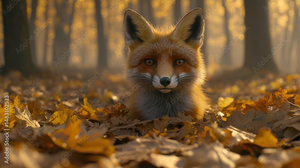 Fototapeta premium Fox in Autumn Leaves (1)