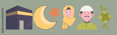 Illustration to celebrate Eid. This image depicts Islamic religious and cultural symbols, showcasing the joy and traditions of Eid al-Fitr.