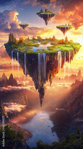 Fantastical floating island surrounded by clouds and a bright blue sky above