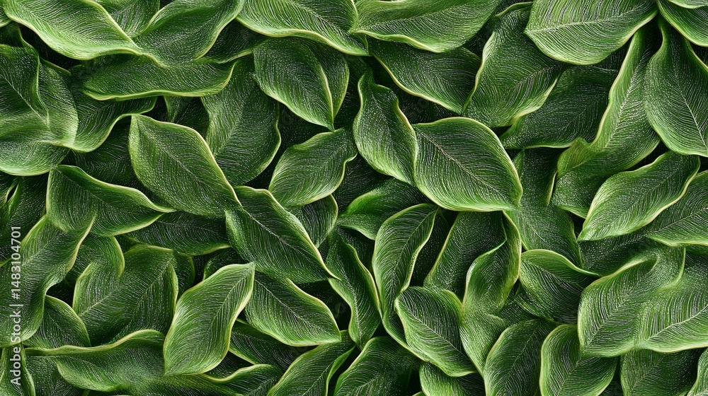 Fototapeta premium Digital illustration of dense, overlapping green leaves with subtle white veins, creating a textured pattern.