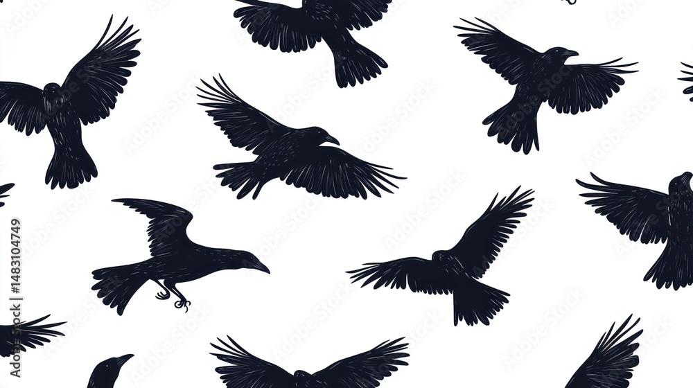 Fototapeta premium Pattern with flying crows on a white background. Repetitive and striking