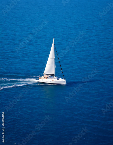 Majestic sailing yacht gliding across the endless blue ocean. with white shades