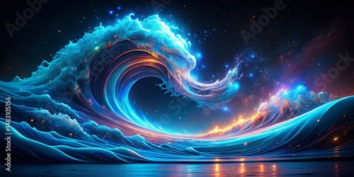 Abstract Blue Glowing Wave, Surreal Black Background Stock Photo