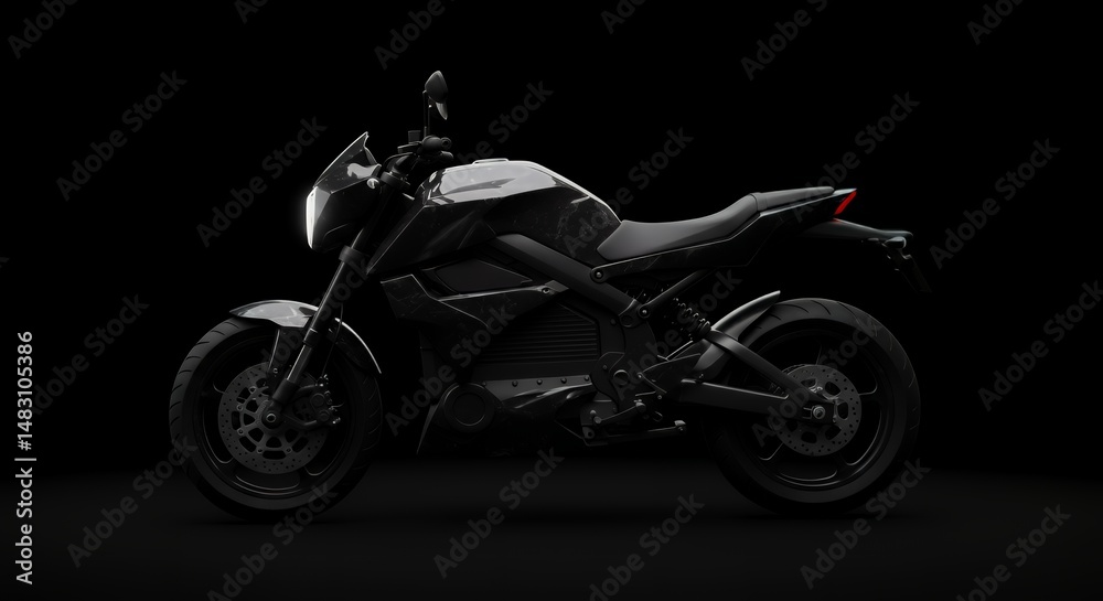 Fototapeta premium Sleek Black Electric Motorcycle Illuminated Against a Dark Dramatic Background