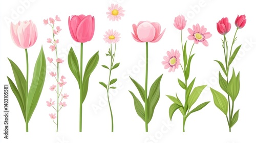 Pink tulips and flowers arrangement, floral design, spring background, for greeting cards or website