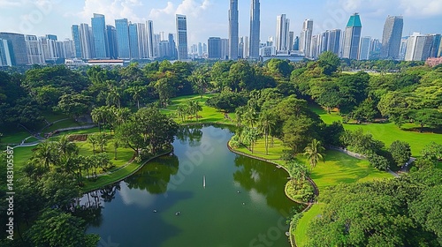 Aerial view of Ayala Triangle Gardens and Makati City skyline in the Philippines