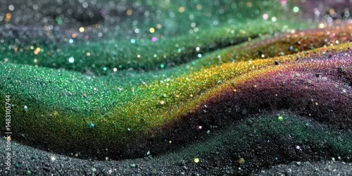 Colorful glitter waves create a mesmerizing visual in a dark setting during a vibrant art project