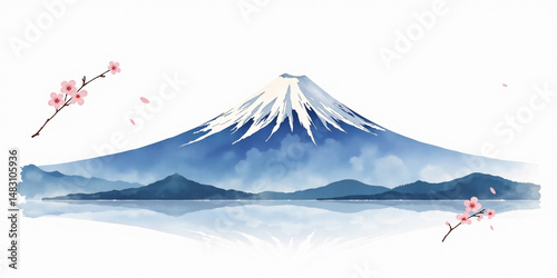Serene Mount Fuji and Sakura Watercolor