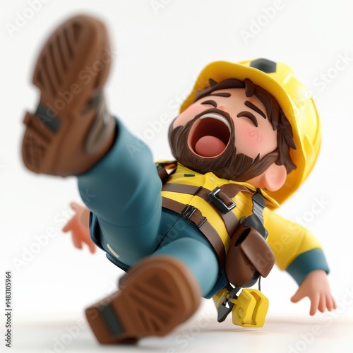 A cartoon construction worker in safety gear slips and falls backward, expressing surprise and distress.