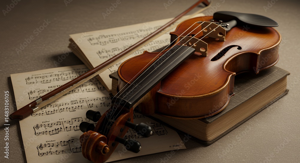 Fototapeta premium Elegant violin resting on music sheets and a book.