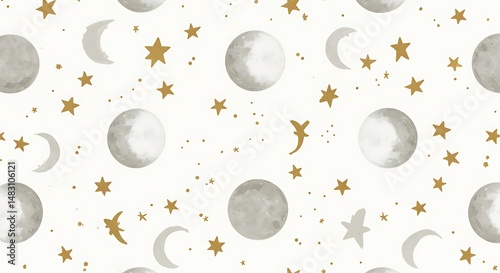 Soft grey moons and gold stars gently shine in a whimsical watercolor pattern.. AI Generated