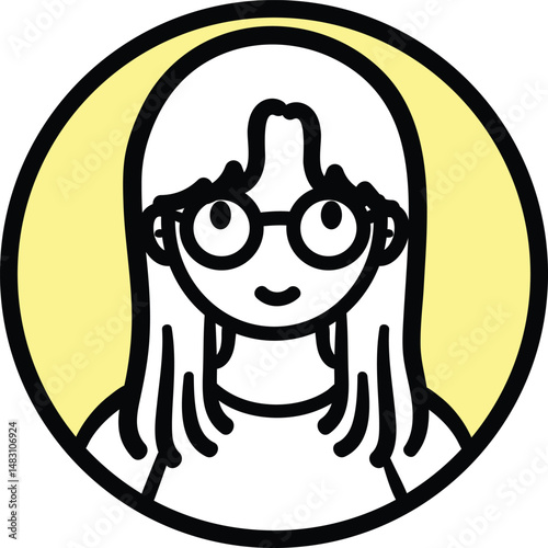 Round icon people avatar photo profile picture black line cartoon minimal style glasses long hair woman, female, mother, sister, staff, team photo