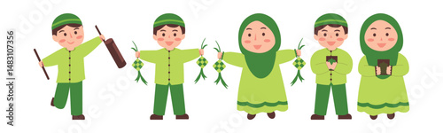 A delightful cartoon illustration depicts children celebrating Eid Mubarak, dressed in traditional attire and holding festive symbols, conveying the joy and unity of the occasion.