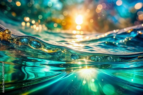 Abstract Aqua Water Surface: Double Exposure Ripple Light Reflections Stock Photo
