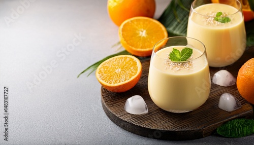 Healthy Breakfast Smoothie Made with Fresh Orange Juice and Coconut Milk with Negative Space drink
