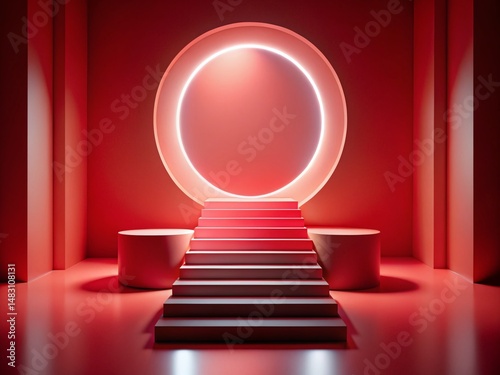 Abstract 3D Render: Red Platform, Glowing White Circle, Stairs - High Depth of Field Stock Photo