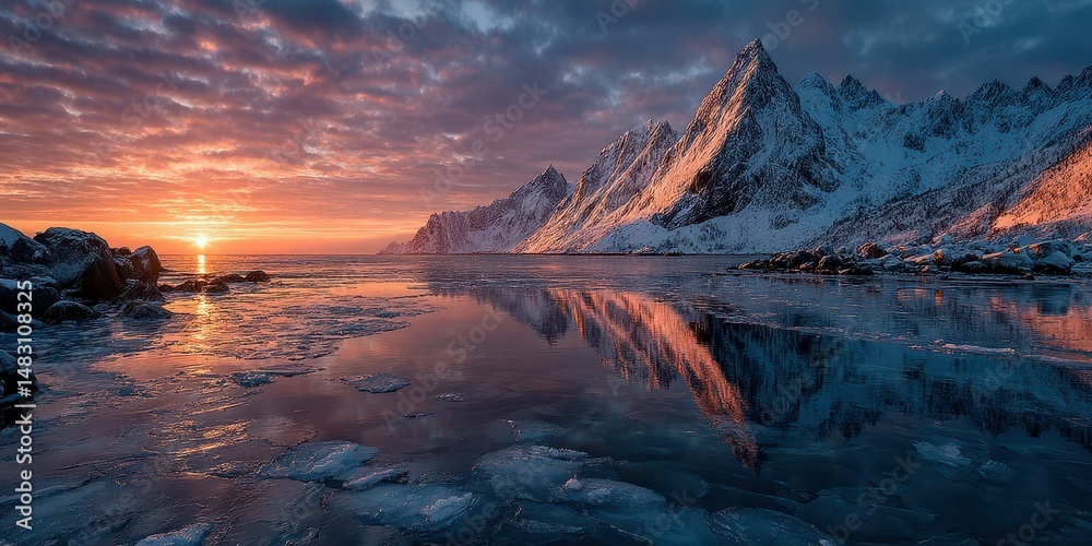 Fototapeta premium Stunning sunset over snow-capped mountains and icy waters in a tranquil arctic landscape