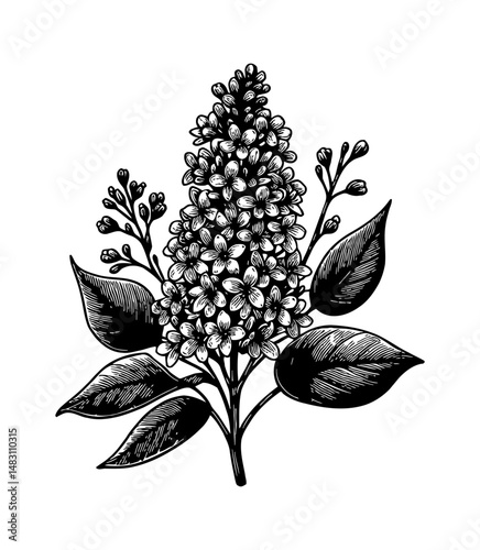 Detailed Black and White Engraving of Lilac Flower with Leaves and Buds on White