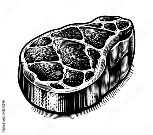 Illustration of Fresh Raw Steak with Marbling in Black and White Detailed Engraving Style