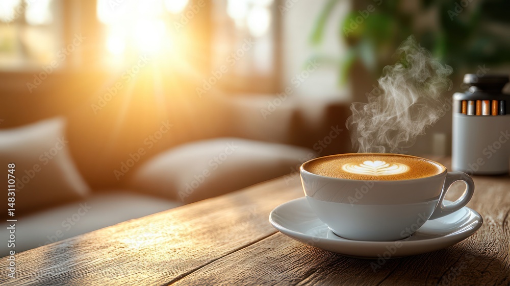 Obraz premium Steaming latte art in a white cup on a wooden table in sunlight.