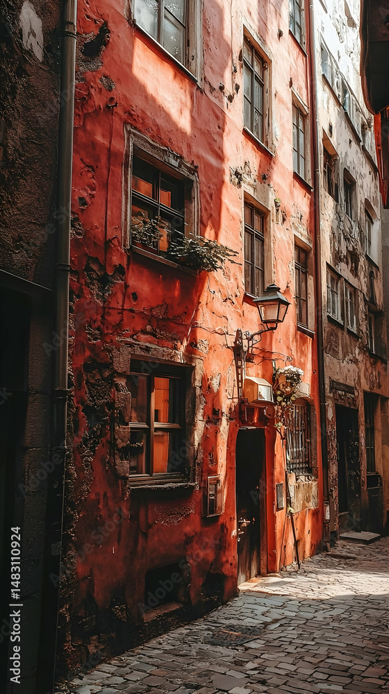 Fototapeta premium Sunlit cobblestone alleyway, old red brick buildings, Riga, Latvia; travel, tourism