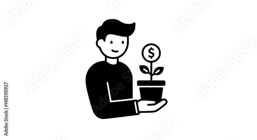 Man with plant in pot black and white icon