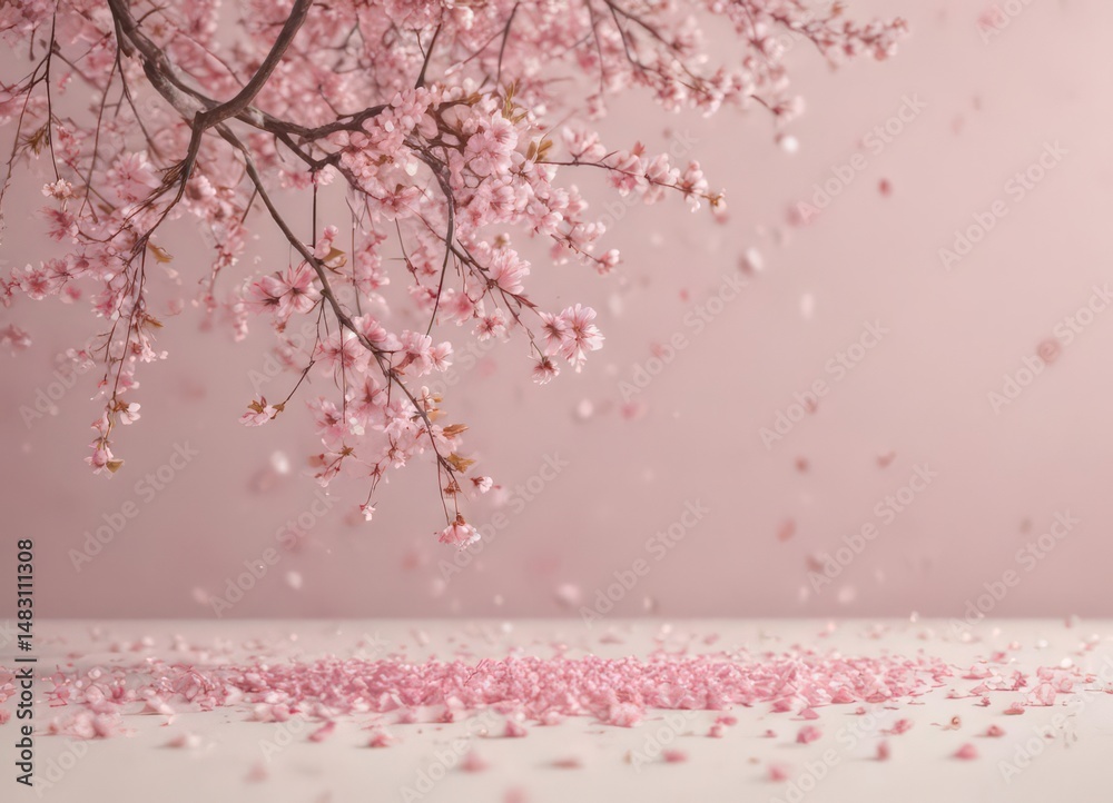 Fototapeta premium Delicate pink sakura petals drift on pastel backdrop, sakura, romance, design element