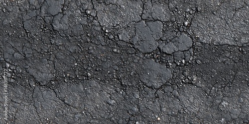 Dark wet asphalt surface with pebbles and orange speckles, top view
