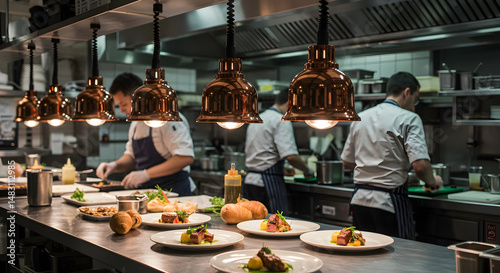 Busy Restaurant Kitchen With Chefs Preparing Plates Under Warm Pendant Lights In Professional Environment