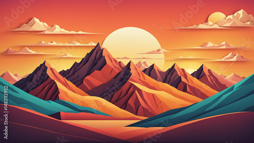 Vibrant Paper Cut Style Mountain Landscape at Sunset