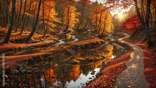  Serene Autumn Forest with Winding Path/Stream and Golden Sunlight - Digital Painting Style