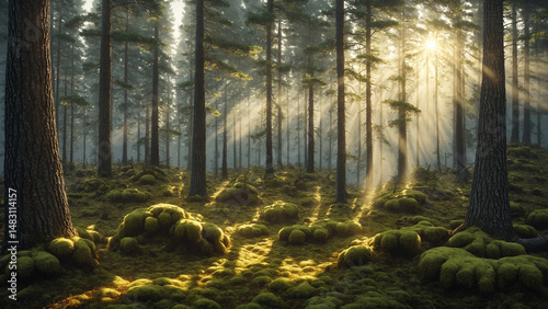 Sun Rays Through Trees in Misty Morning Forest with Mossy Ground - Enchanting Woodland Scene