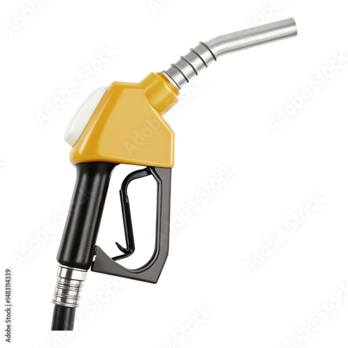 Fuel nozzle for dispensing gasoline, featuring yellow handle and metallic spout, ideal for fueling vehicles