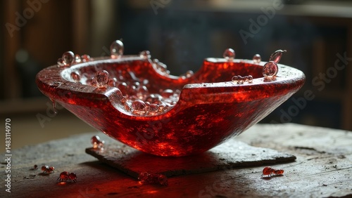 Damaged red glass bowl