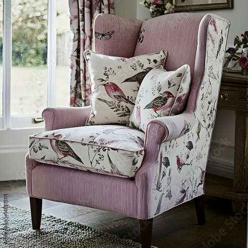 Pink winged armchair with bird print cushions in a living room