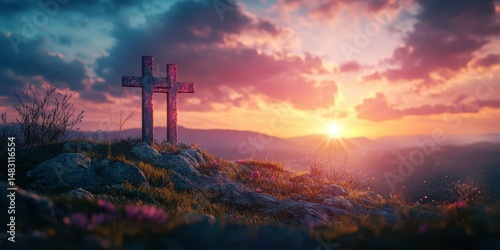 Sunset over rocky landscape with two crosses silhouetted against a vibrant sky in a serene setting