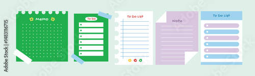Five different colorful planning note set, for writing messages, notes and tasks, for office, education, business.
