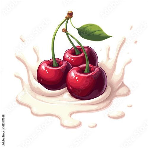 Vector design
with cherry berry, cream
splashes of milk yogurt isolated 
on transparent background. Fashionable print for paper, 
fruit juice, ice cream, food packaging. 