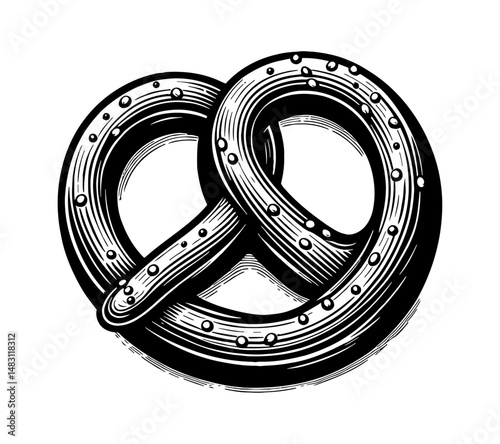 Detailed black and white engraving of a pretzel with a crisp and textured design.