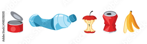 Different kinds of garbage and waste. Showcases various types of litter, including an aluminum can, plastic bottle, fruit core, and banana peel. Suitable for environmental or ecological projects.