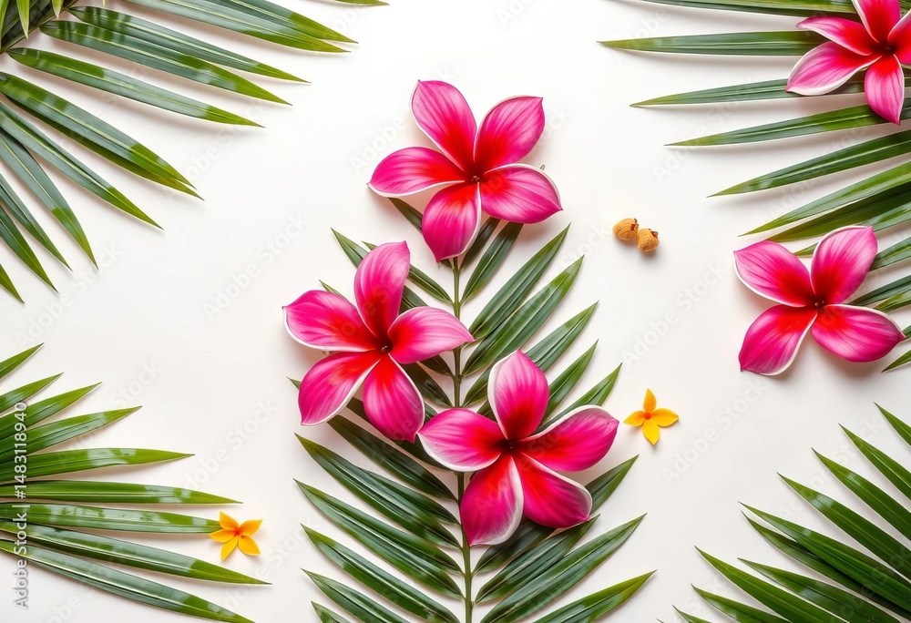 Obraz premium Vibrant frangipani blossoms & lush palm leaves on a light background, summer flatlay, pastel background, summer
