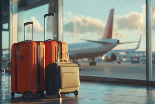 Luggage in Airport Terminal with Airplane in Background