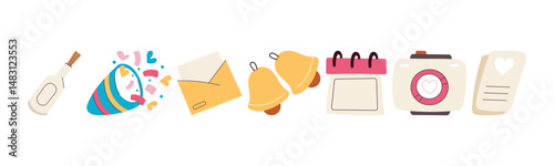 Vector illustration featuring celebratory elements like confetti, champagne, bells, camera and invitations, perfect for romantic or special occasion themes.