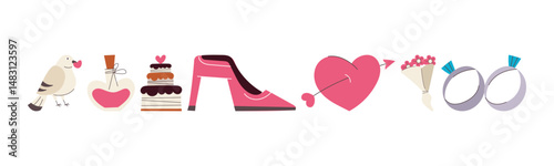 A collection of wedding icons including a dove, potion, cake, heel, heart, bouquet, and rings, set against a white backdrop.