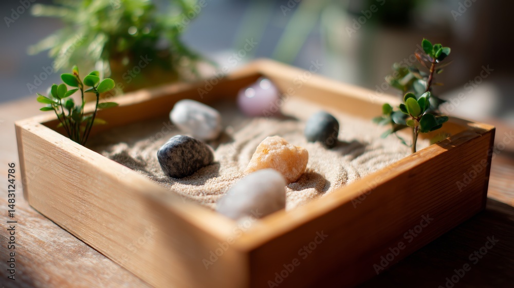 Decorative sand garden with stones and plants arranged in a wooden tray on a sunlit table