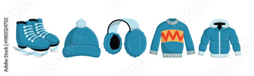 A charming collection of winter apparel, including ice skates, a pom-pom hat, cozy earmuffs, a patterned sweater, and a warm, padded jacket. Ideal for braving cold weather.