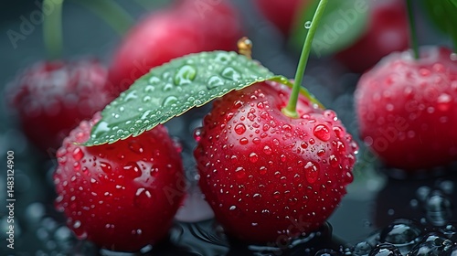 Juicy Red Cherries with Dew Drops and Leaf
